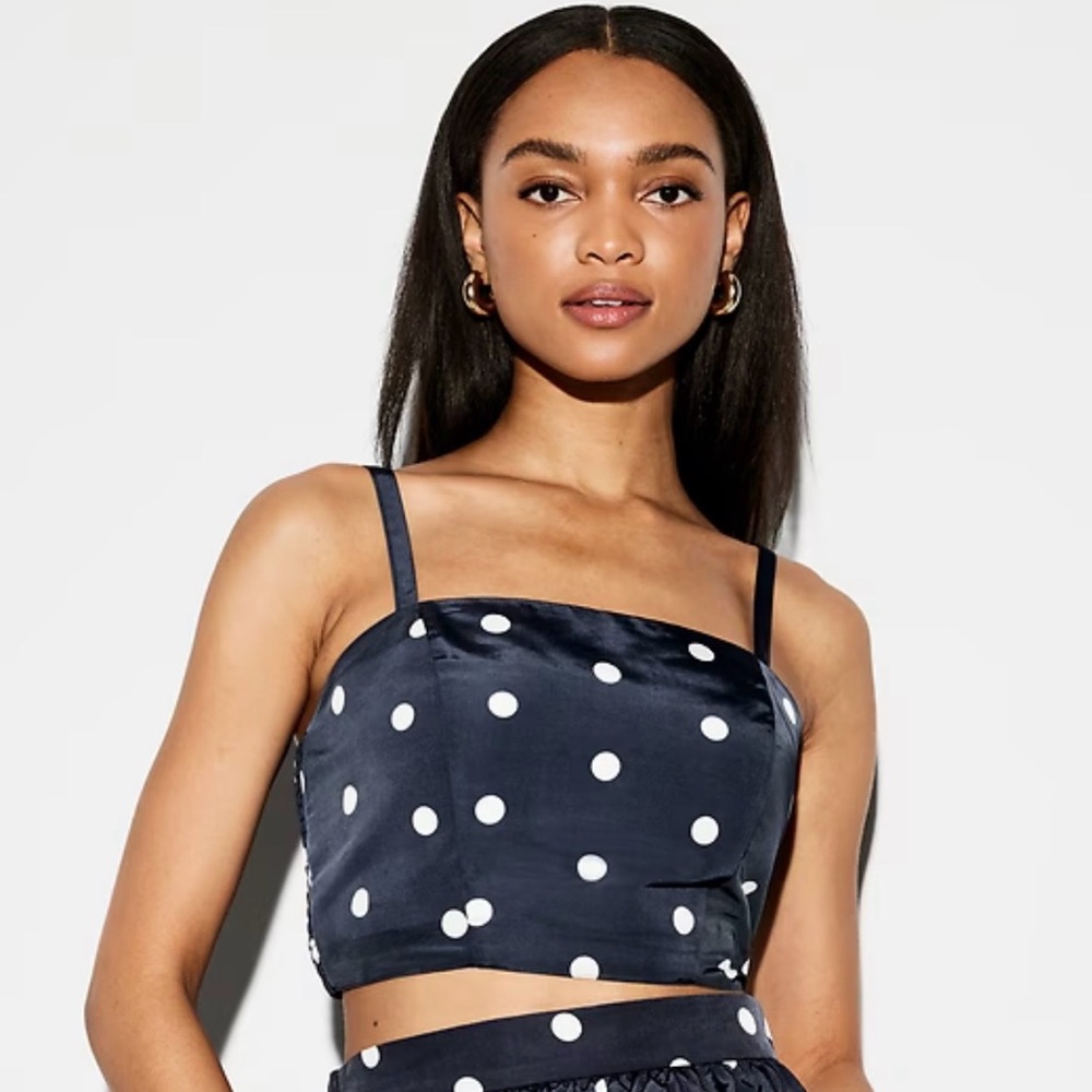 The Occasion by Old Navy Taffeta Cropped Tank Top Navy Blue White Polka Dots XL